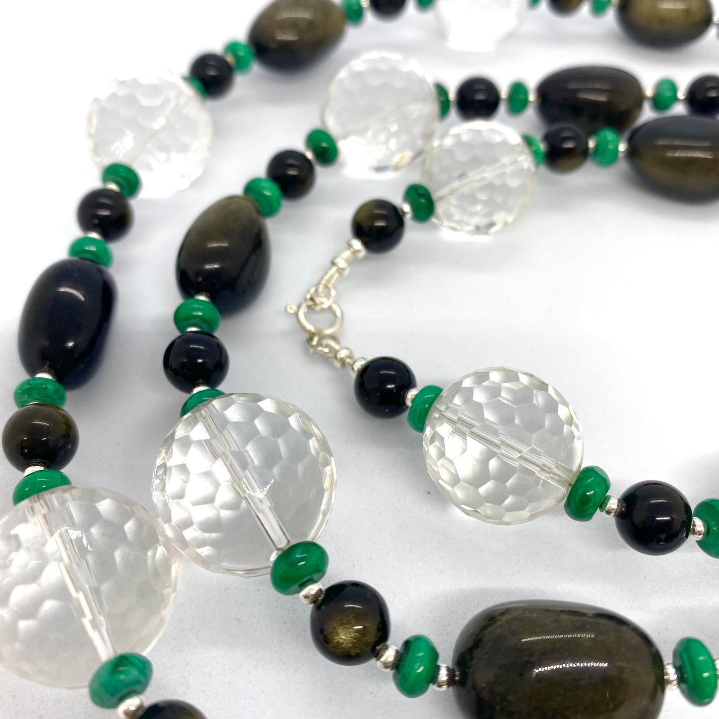 Long Gemstone Necklace with Rock Crystal, Obsidian, Malachite and Sterling Silver - One of a kind