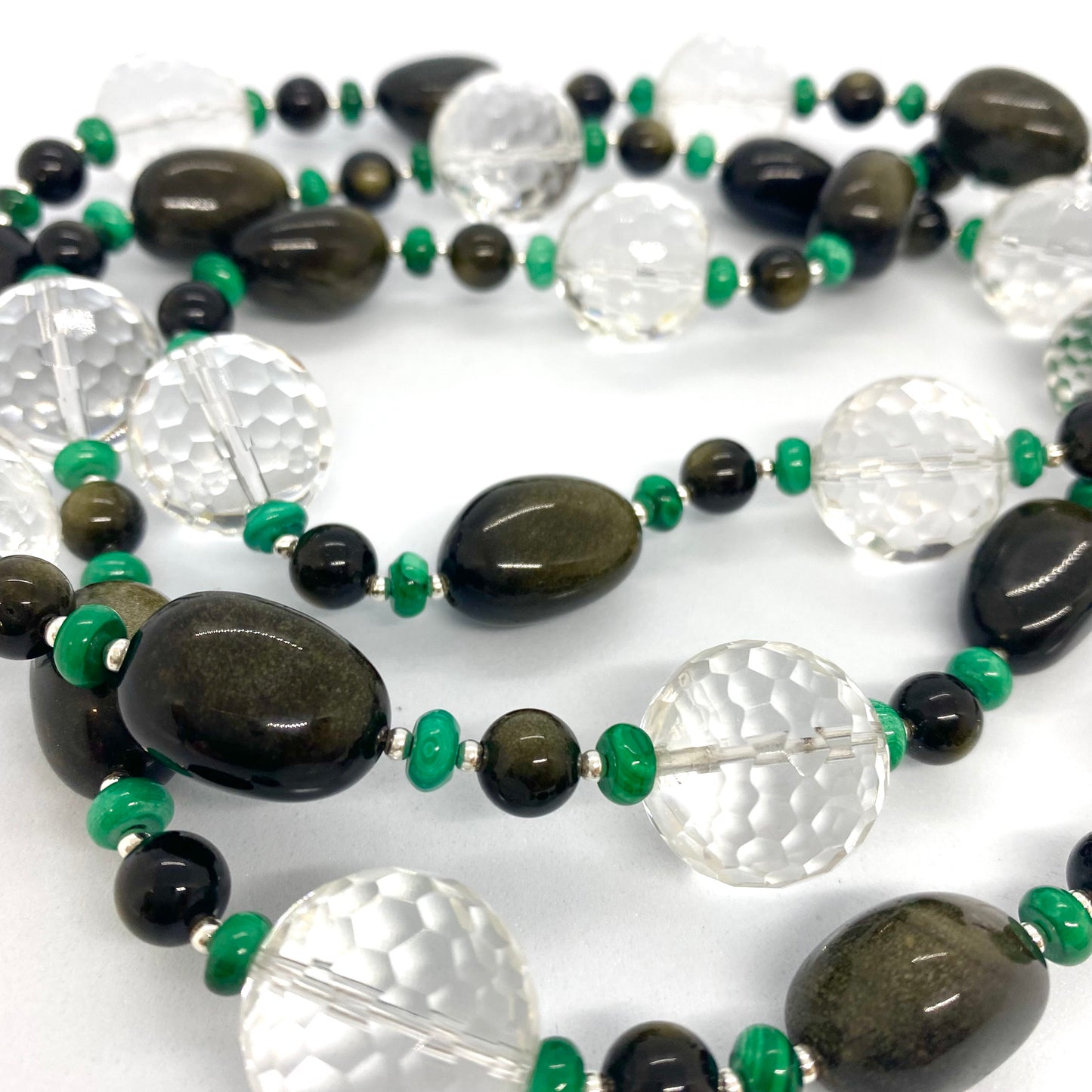 Long Gemstone Necklace with Rock Crystal, Obsidian, Malachite and Sterling Silver - One of a kind