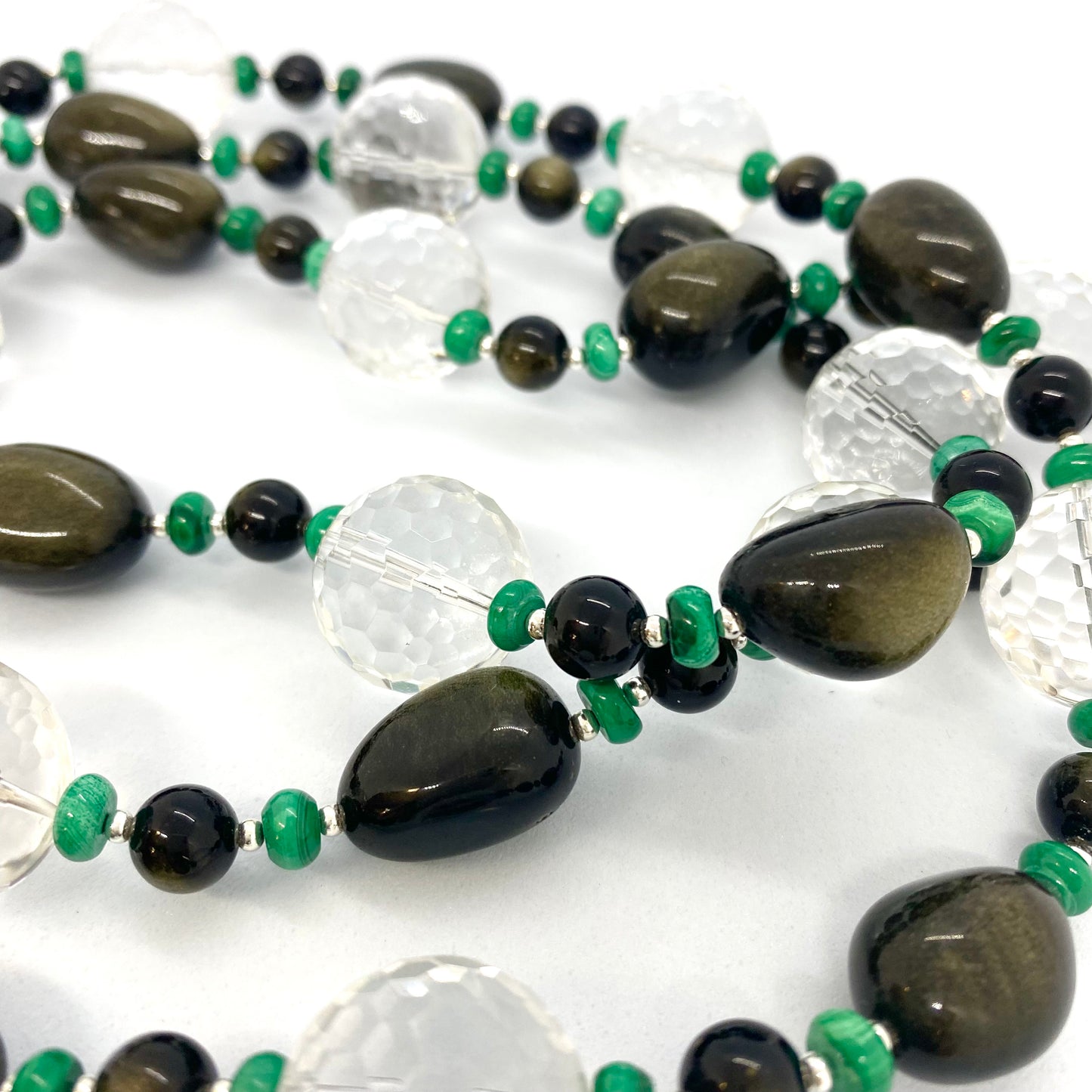 Long Gemstone Necklace with Rock Crystal, Obsidian, Malachite and Sterling Silver - One of a kind