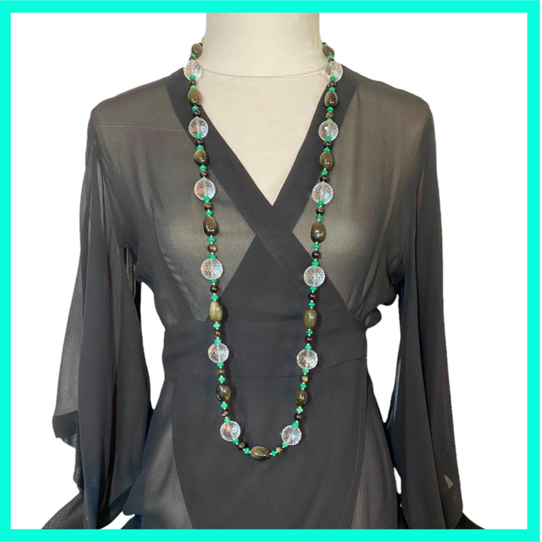 Long Gemstone Necklace with Rock Crystal, Obsidian, Malachite and Sterling Silver - One of a kind