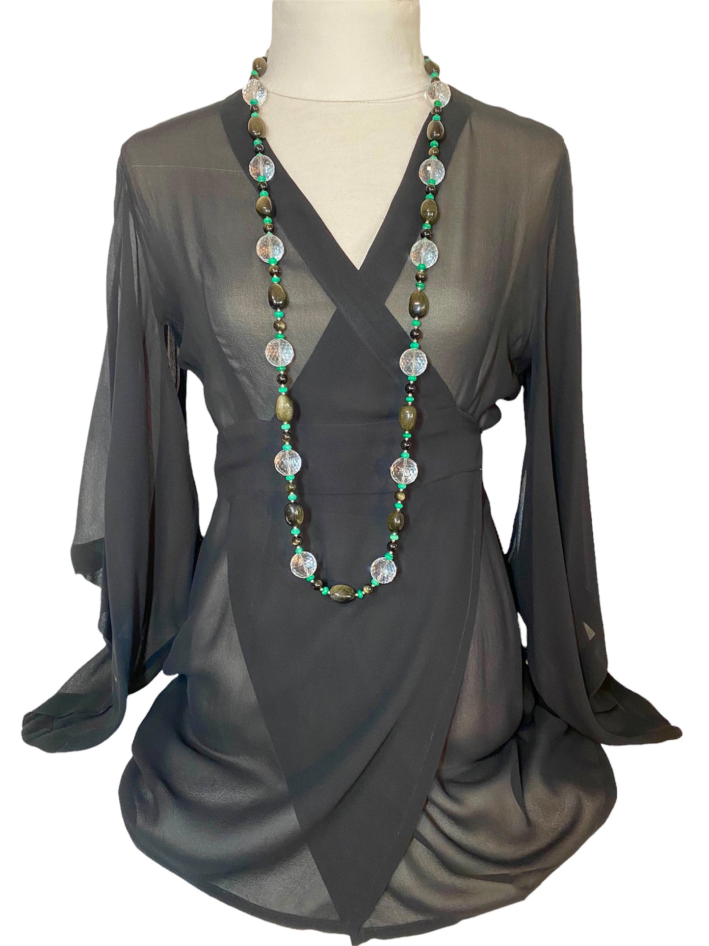 Long Gemstone Necklace with Rock Crystal, Obsidian, Malachite and Sterling Silver - One of a kind