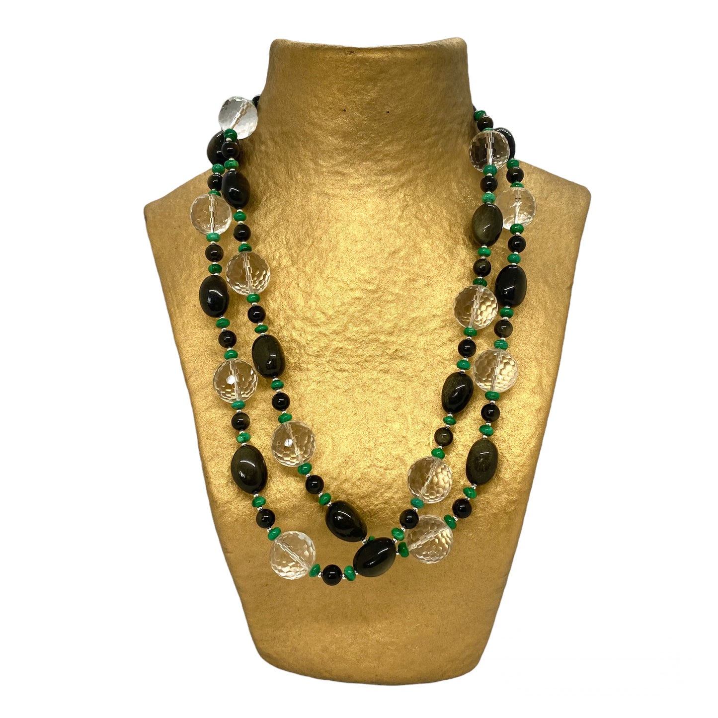 Long Gemstone Necklace with Rock Crystal, Obsidian, Malachite and Sterling Silver - One of a kind